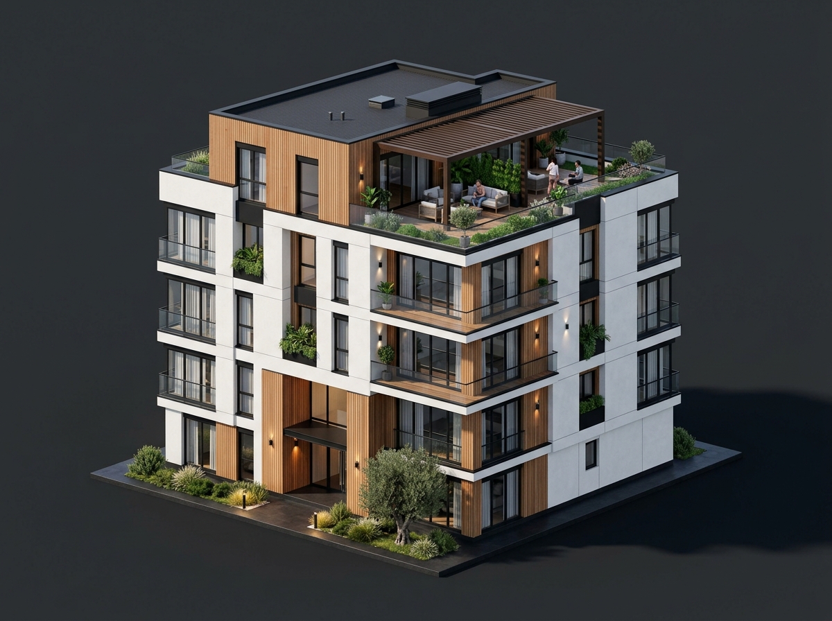 Edificio residencial terminado con fachada contemporánea, listones de madera y ventanales