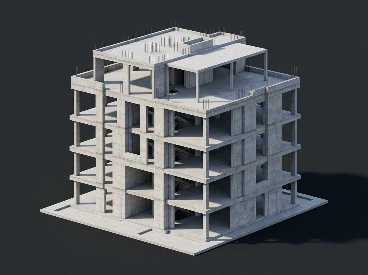 Esqueleto estructural puro de hormigón armado con columnas, vigas y losas en vista isométrica
