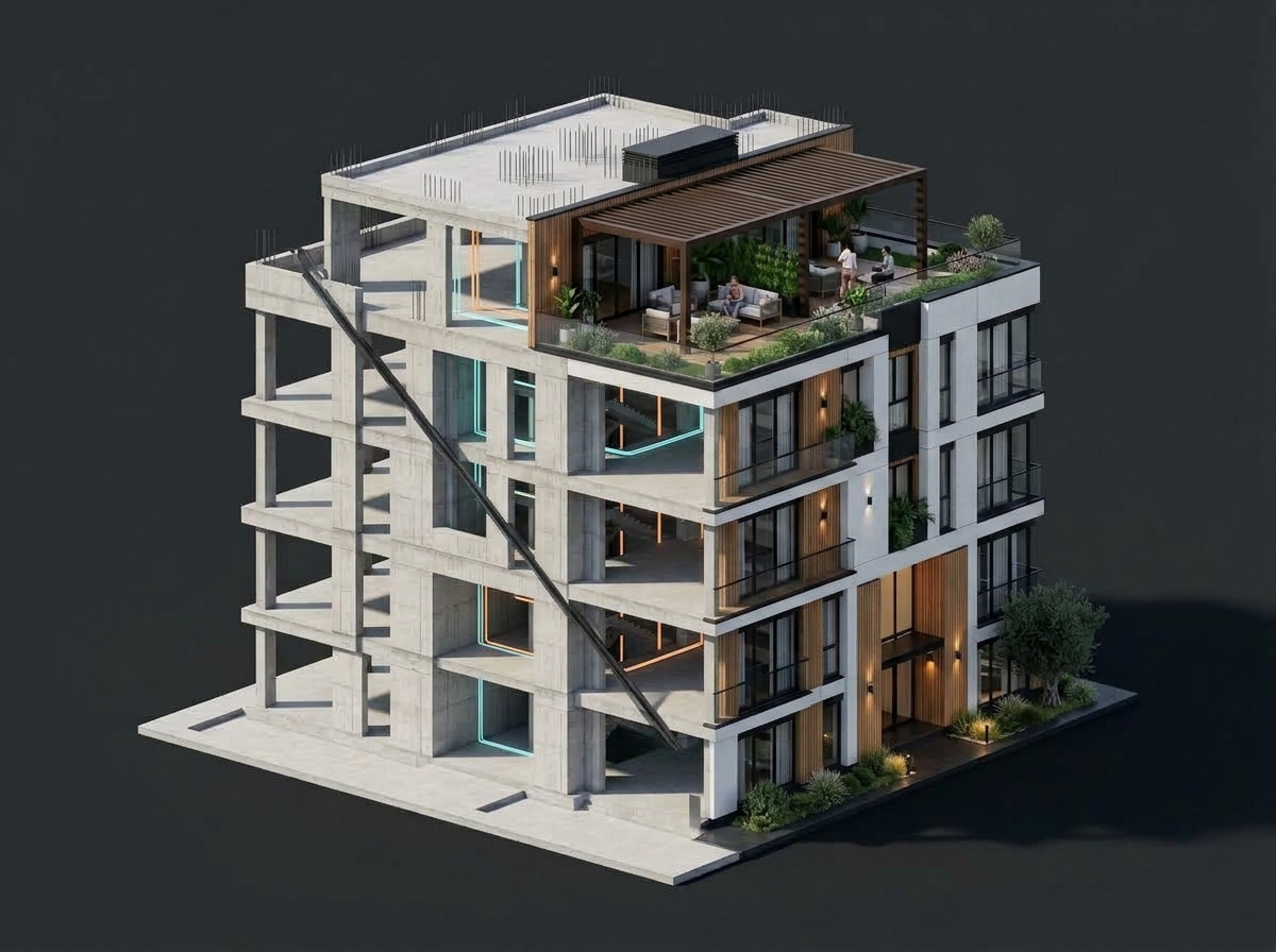 Corte diagonal arquitectónico y estructural isométrico del edificio residencial